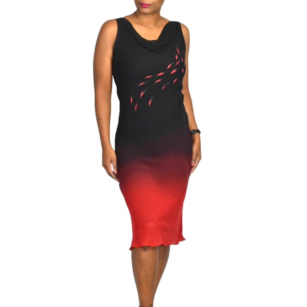 Vintage Silk Slip Dress Red Black Midi Bias Cut Cowl Neck Ombre Tank Y2K Size XL